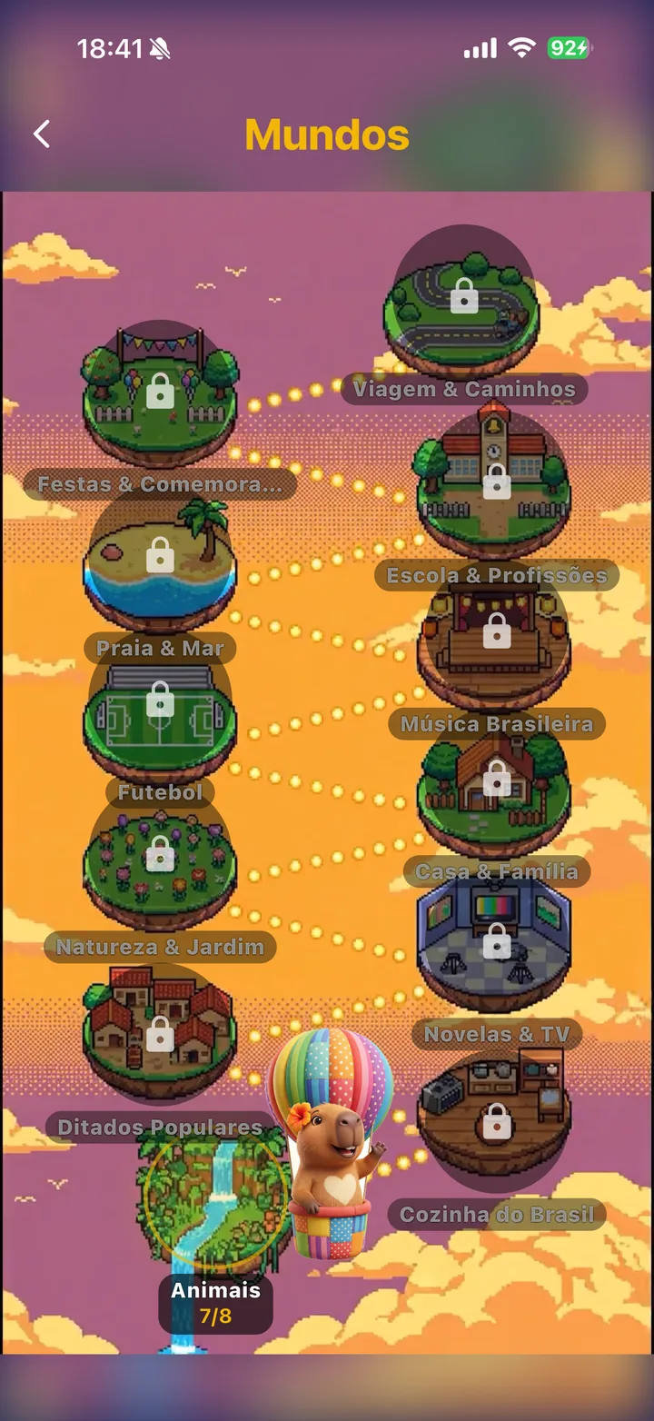 Mapa dos mundos: trilha com Animais, Cozinha do Brasil, Ditados Populares, Novelas & TV, Futebol e outros