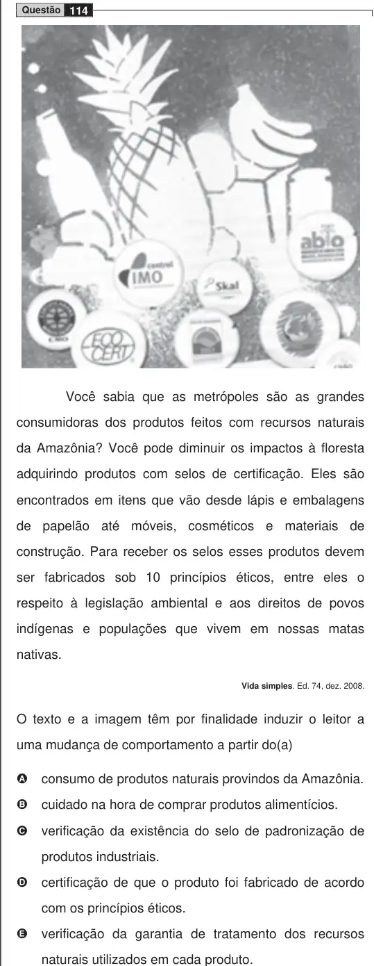 Imagem da questão 114 do ENEM 2009