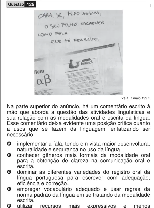 Imagem da questão 125 do ENEM 2009