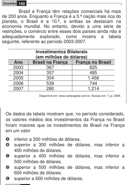 Imagem da questão 150 do ENEM 2009