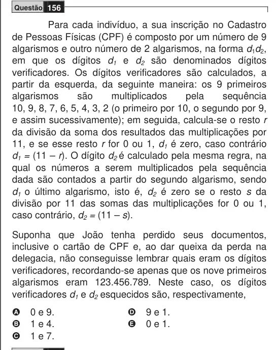 Imagem da questão 156 do ENEM 2009