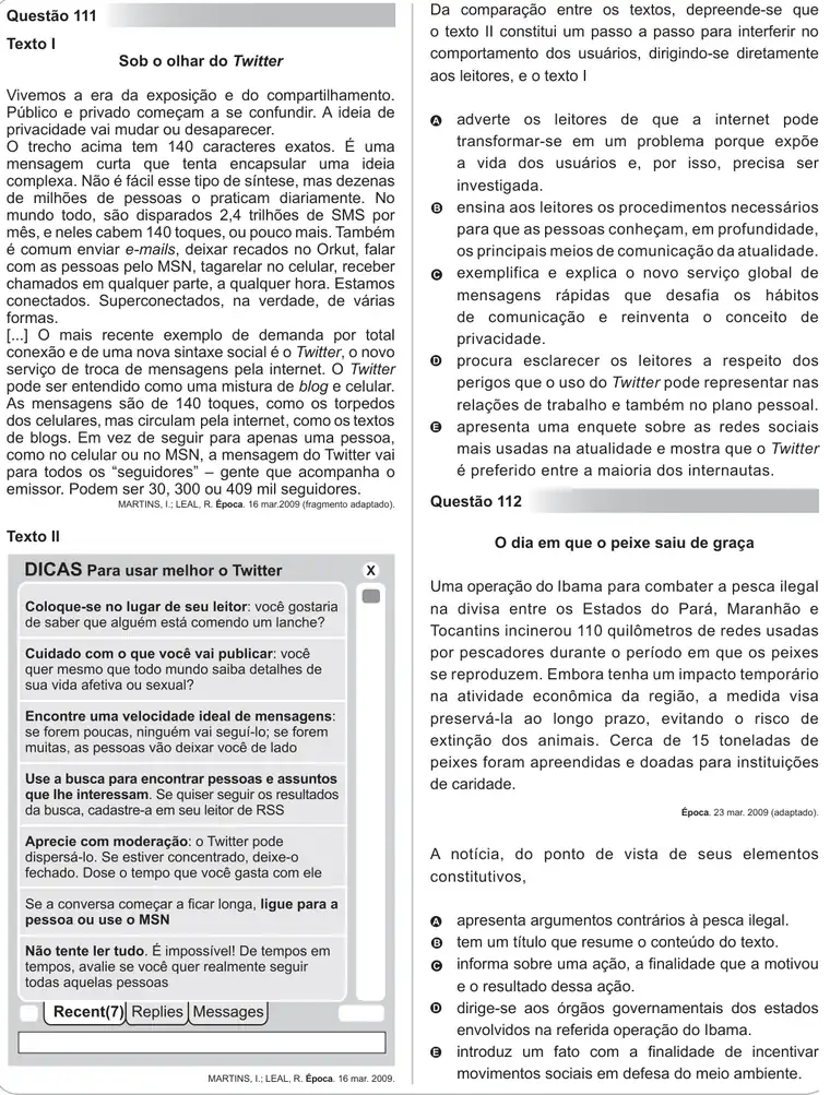 Imagem da questão 111 do ENEM 2010