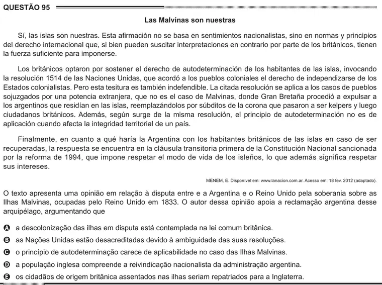 Imagem da questão 95 (espanhol) do ENEM 2012
