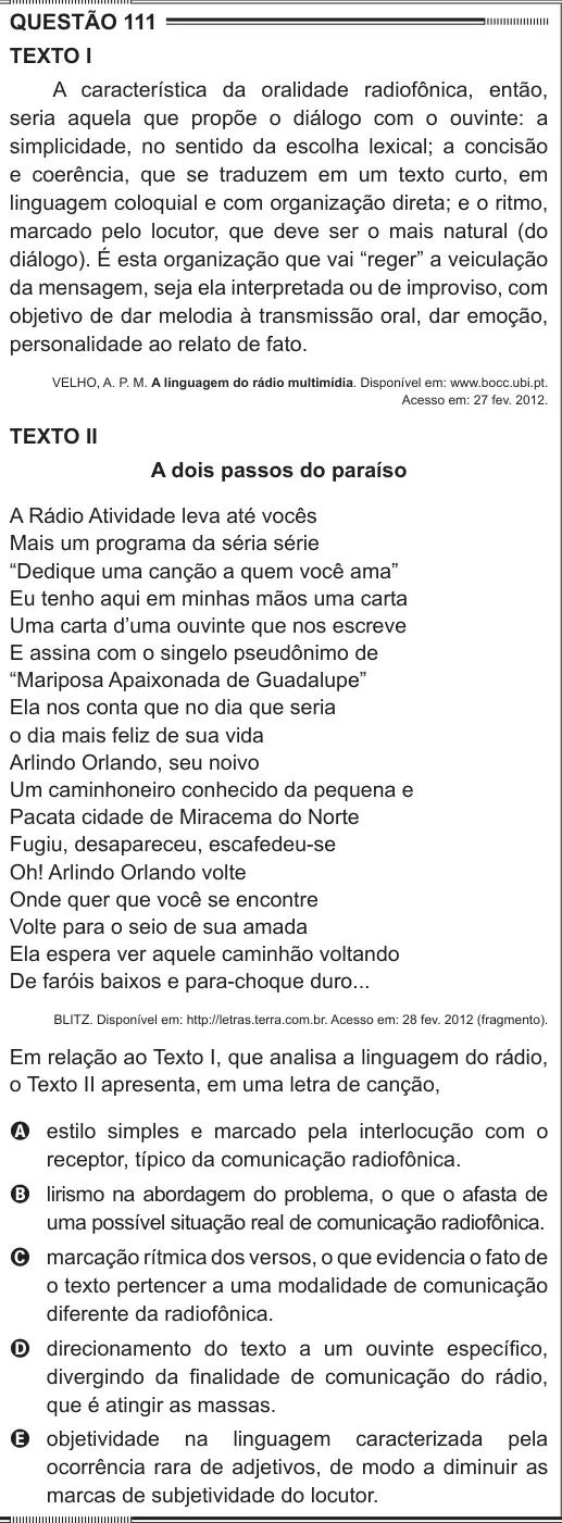 Imagem da questão 111 do ENEM 2012
