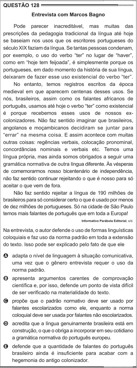 Imagem da questão 128 do ENEM 2012
