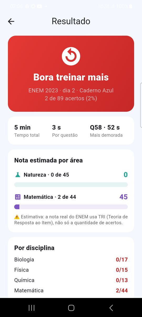 Tela de resultado com nota por área
